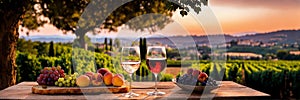 bottle of wine with fruit and food on the background of a vineyard. Selective focus.