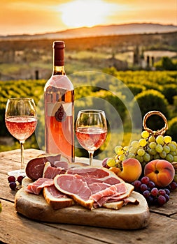 bottle of wine with fruit and food on the background of a vineyard. Selective focus.