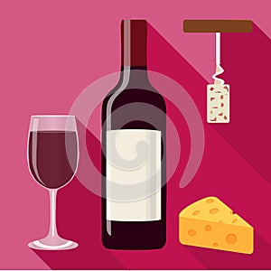 A bottle of wine, a glass of wine, a corkscrew and a piece of cheese. Vector, cartoon illustration.