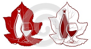 Bottle of wine and glass framed by grape leaf in background. Wine icon or logo.