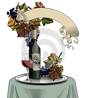 Bottle of wine, glass, grapes and banner