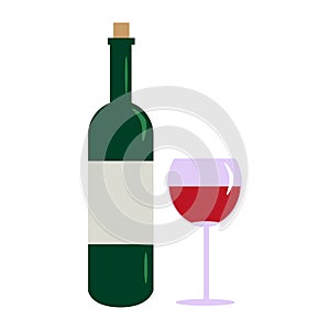 Bottle wine and glass isolated on white background. Wine bottle in flat style
