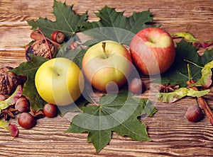 Bottle of wine, glass, leaves, wooden