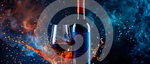 A bottle of wine and a wine glass are splashing in a blue and red swirl of water, fun atmosphere