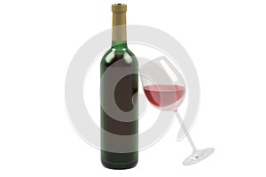 A bottle of wine and a glass of wine. 3D render.