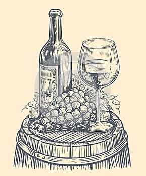 Bottle of wine with glass of wine bunch of grapes. Sketch vintage vector illustration. Winery, vineyard