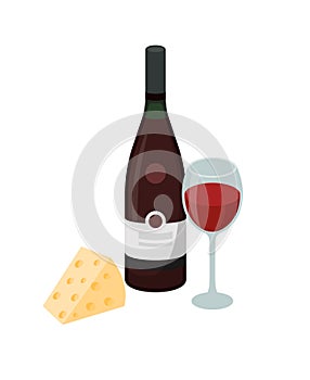 Bottle of wine, glass of wine and cheese vector illustration in flat design isolated on white background.