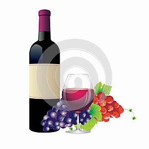 Bottle of wine, glass of wine, grape fruit