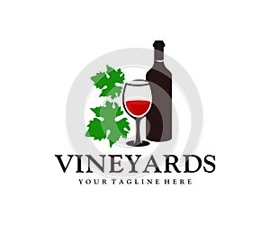 Bottle of wine, glass of wine and grape leaves, logo design. Winemaking, wineries, vineyards and alcoholic drinks, vector design