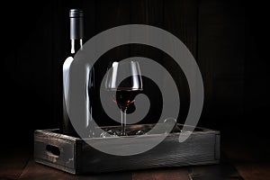 Bottle of wine and glass on the wooden . Black background. Genrative AI