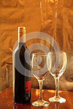 Bottle of wine and glasses.