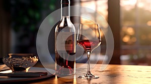 Una botella de vino a anteojos sobre el mesa de cerca. 