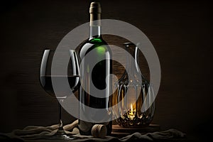 Bottle of wine and glasses on wooden background , Generative AI