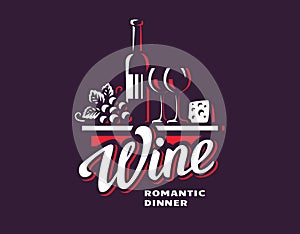 Bottle of wine and grapes logo - vector illustration, emblem