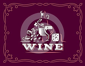 Bottle of wine and grapes logo - vector illustration, emblem on maroon color background