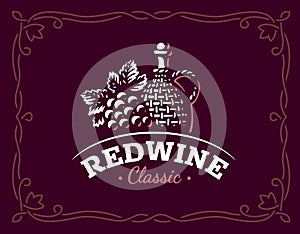 Bottle of wine and grapes logo - vector illustration, emblem on maroon color background