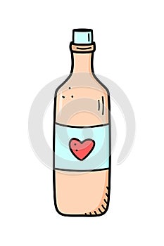 A bottle of wine with a heart on the label. Doodle vector illustration, Valentine`s day holiday sticker icon