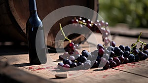 a bottle of wine next to a bunch of grapes on a wooden table next to a barrel of wine and a cork on the table