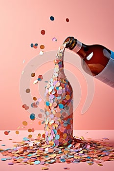 Bottle of wine pouring colorful confetti. Fun, party, birthday, celebration concept.
