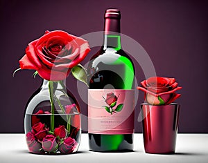 Bottle of wine and roses on a wooden table.  Close-up