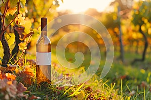 A bottle of wine sitting on the grass in the background of a vineyard at beautiful sunrise