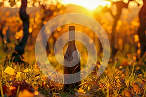 A bottle of wine sitting on the grass in the background of a vineyard at beautiful sunrise, autumn season