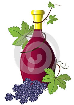 Bottle of wine twined with grape