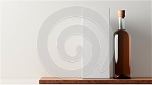 a bottle of wine with a white box stands on a wooden board.