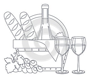 Bottle of wine, wine in glasses, baguettes, grapes and a picnic basket. Lineart, outline only.