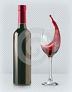 Bottle of wine and wineglass. 3d realism, vector icon with transparency