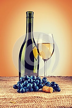 Bottle of wine and wineglass with branch of grape on burlap inst