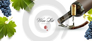 Bottle of wine with wineglass, corkscrew and bunch of grapes on a white background. Panoramic top view with space for text