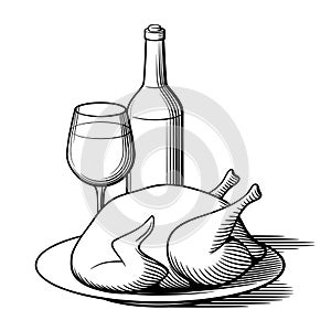 Bottle of wine, wineglass and roast chicken in a dish. Black and white