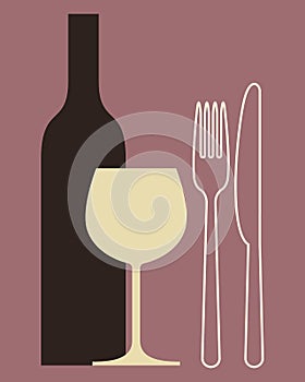 Bottle, wineglass and cutlery