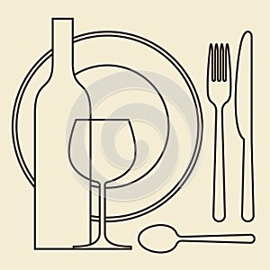 Bottle, wineglass, plate and cutlery