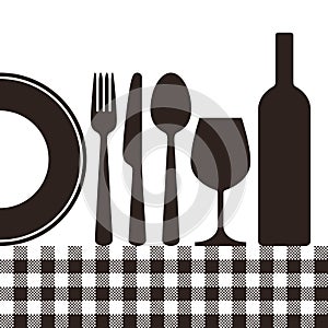 Bottle, wineglass, plate, knife, fork, spoon and tablecloth pattern