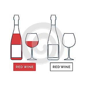 Bottle and wineglass red wine line art in flat style. Restaurant alcoholic illustration for celebration design. Design contour