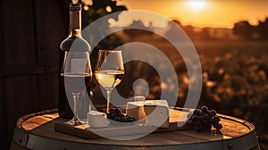 Bottle And WineGlasses On Barrel In Vineyard At Sunset, generative ai