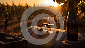 Bottle And WineGlasses On Barrel In Vineyard At Sunset, generative ai