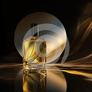 A bottle of yellow perfume is placed on the circular mirror.