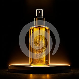 A bottle of yellow perfume is placed on the circular mirror.