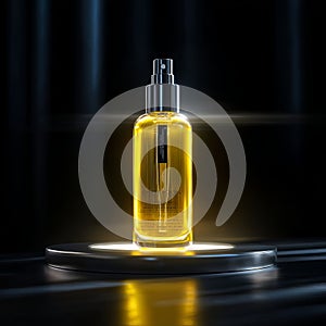 A bottle of yellow perfume is placed on the circular mirror.