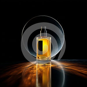 A bottle of yellow perfume is placed on the circular mirror.