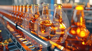 Bottled beer on conveyor belt in brewery. Close-up industrial photography