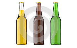 Bottled beer yellow, green and browncolors or beverage or carbonated drinks. Studio 3D render, isolated on white