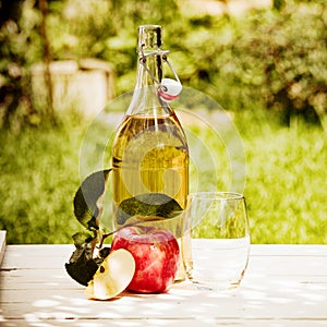 Bottled fresh apple juice served in the garden