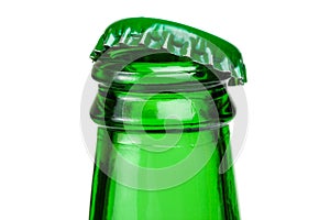 Bottleneck of green beer bottle over white background