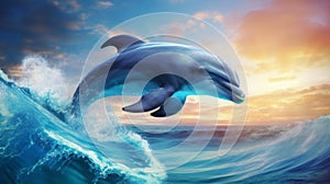 Bottlenose dolphin jumps out of the water in the middle of the ocean at sunset. A beautiful intelligent sea dweller is a