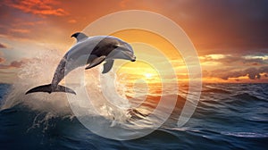 Bottlenose dolphin jumps out of the water in the middle of the ocean at sunset. A beautiful intelligent sea dweller is a