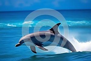 A bottlenose dolphin leaps gracefully out of the ocean waves on a sunny day in the tropics